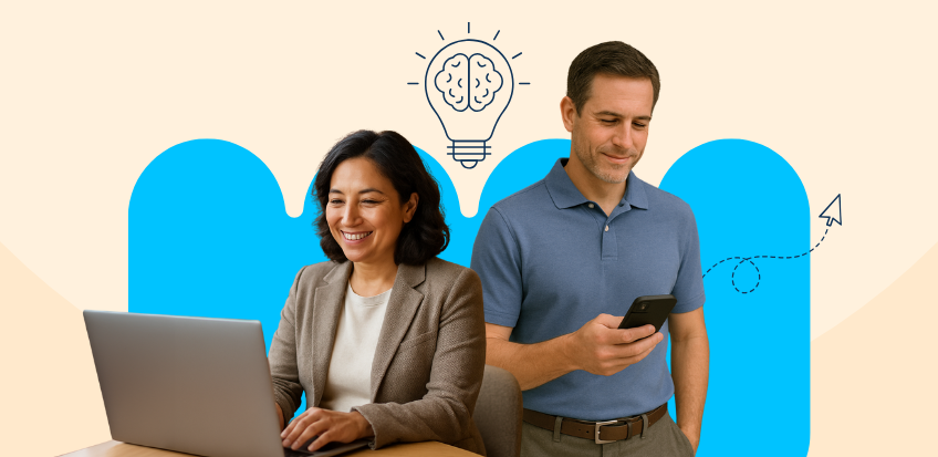 Woman using laptop computer, man using smartphone.