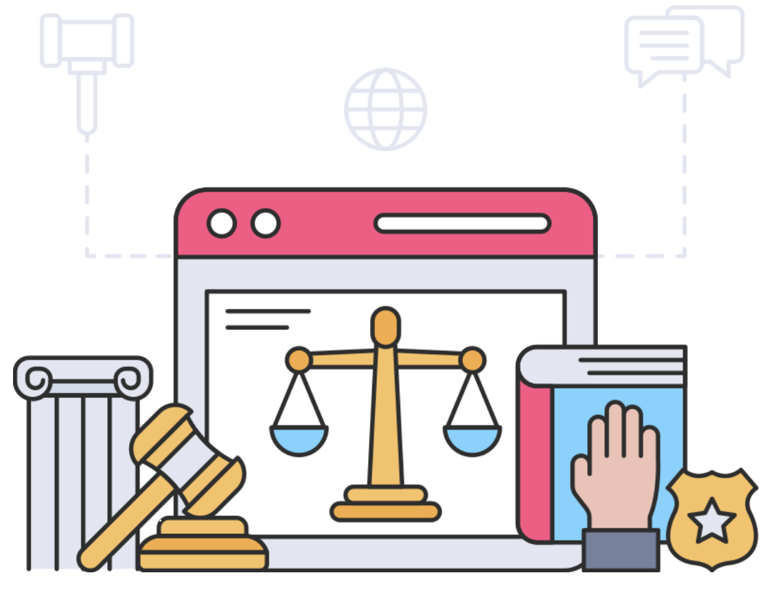 Gavel, scales, hand on bible, and badge with smartphone in background.